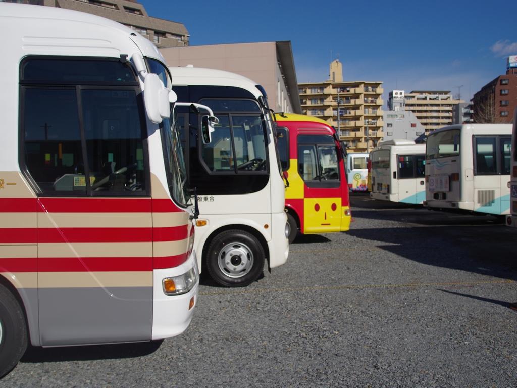 関東自動車のニューフェイス 旧路線バス色のリエッセ(中古導入)とポンチョ(新車)+既存車両の並び 2013年1月簗瀬営業所にて